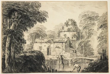 Landschaft mit einem Cottage und Bauern, ca. 1770